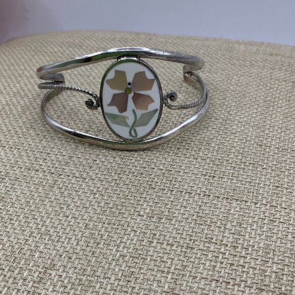 Alpaca Mexico Silver Abalone Flower Inlay Cuff Bracelet - Picture 3 of 9